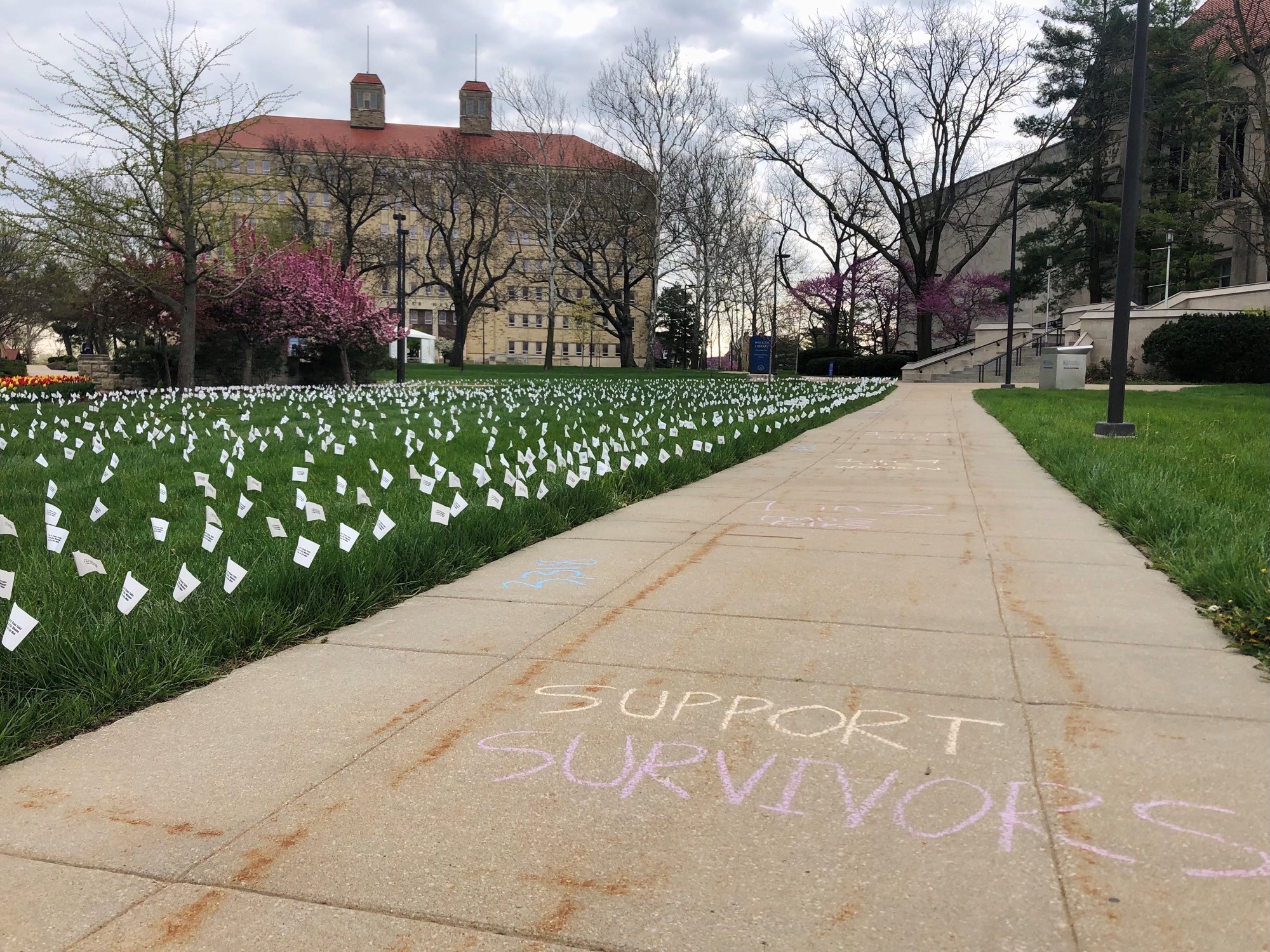The awareness flags on the Fraser lawn. On the sidewalk, the words "Support Survivors" have been written in chalk.